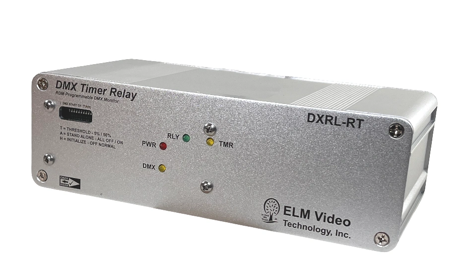 Front angled view of the ELM Video Technology DXRL-RT DMX512 relay controller with ANSI E1.20 RDM programmable monitor timer, LED status indicators, DIP switches, and optional 0-10V control.