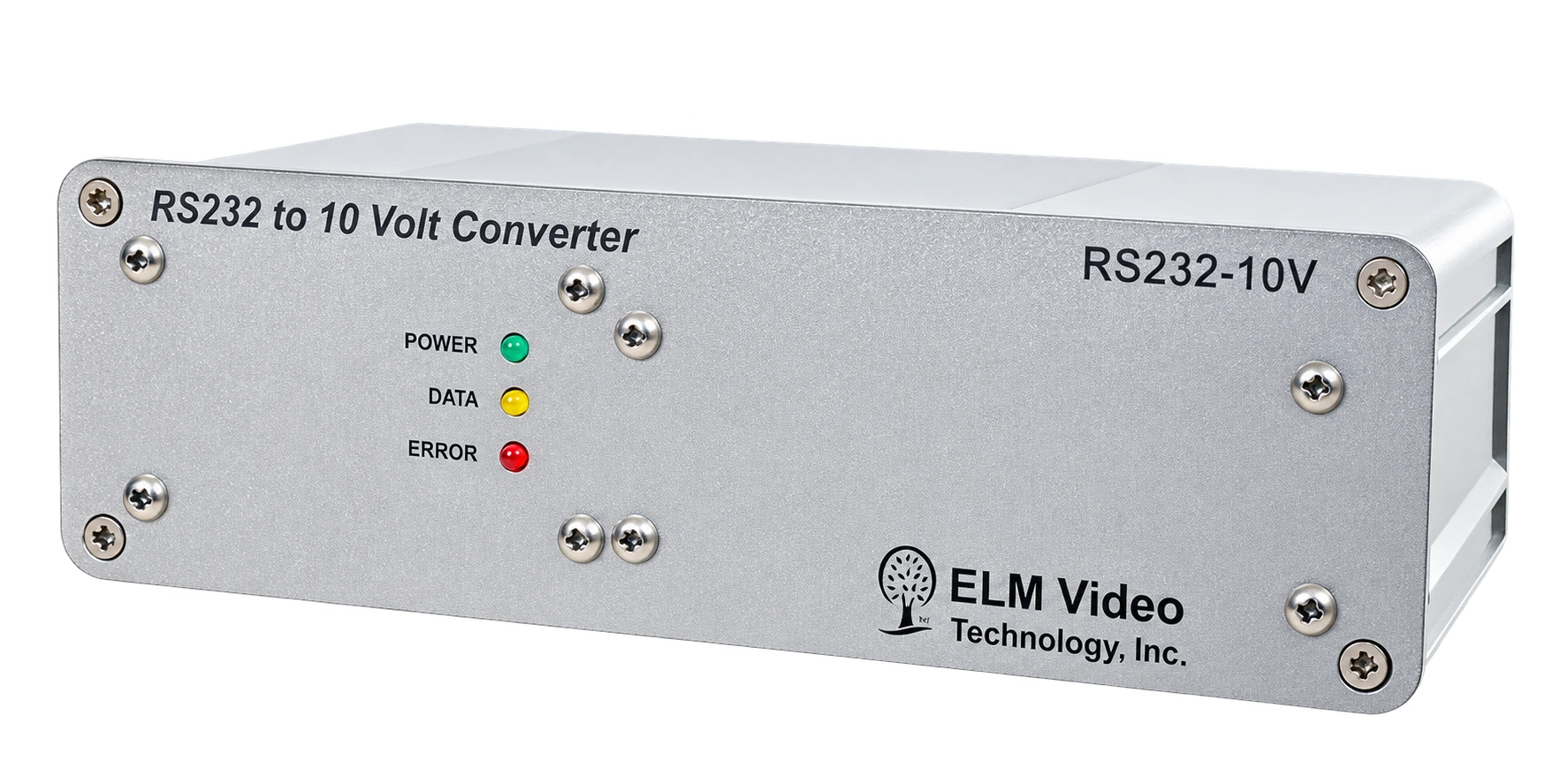 ELM Video Technology RS232 to 0-10 Volt Analog Converter and controller front panel view showing the aluminum desktop enclosure.